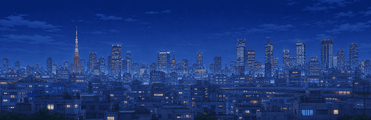 Illustrated violet and amber city rooftops at midnight
